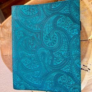 Oberon Design leather composition notebook cover journal teal paisley